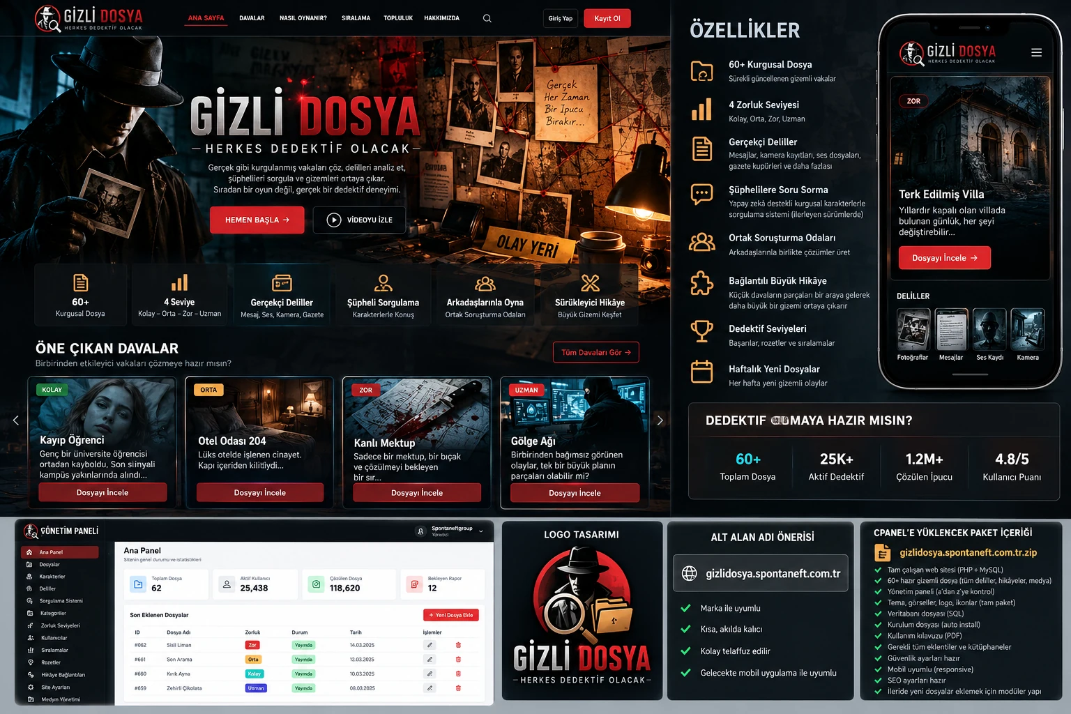 Gizli Dosya oyun konseptinin dedektif, vaka dosyaları, deliller ve mobil ekranlarını gösteren kullanıcı tasarımı